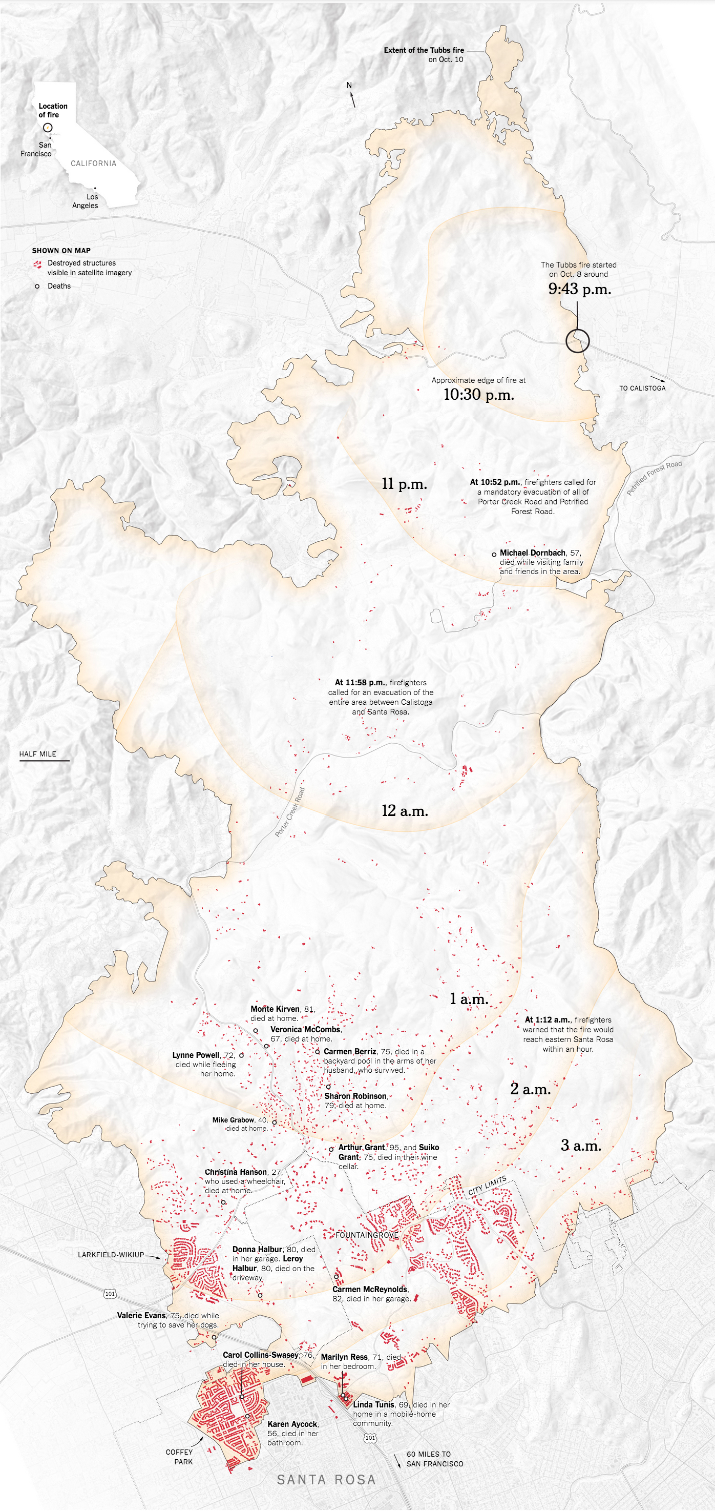 A map showing the destruction of the Tubbs Fire in Santa Rosa, hour by hour.